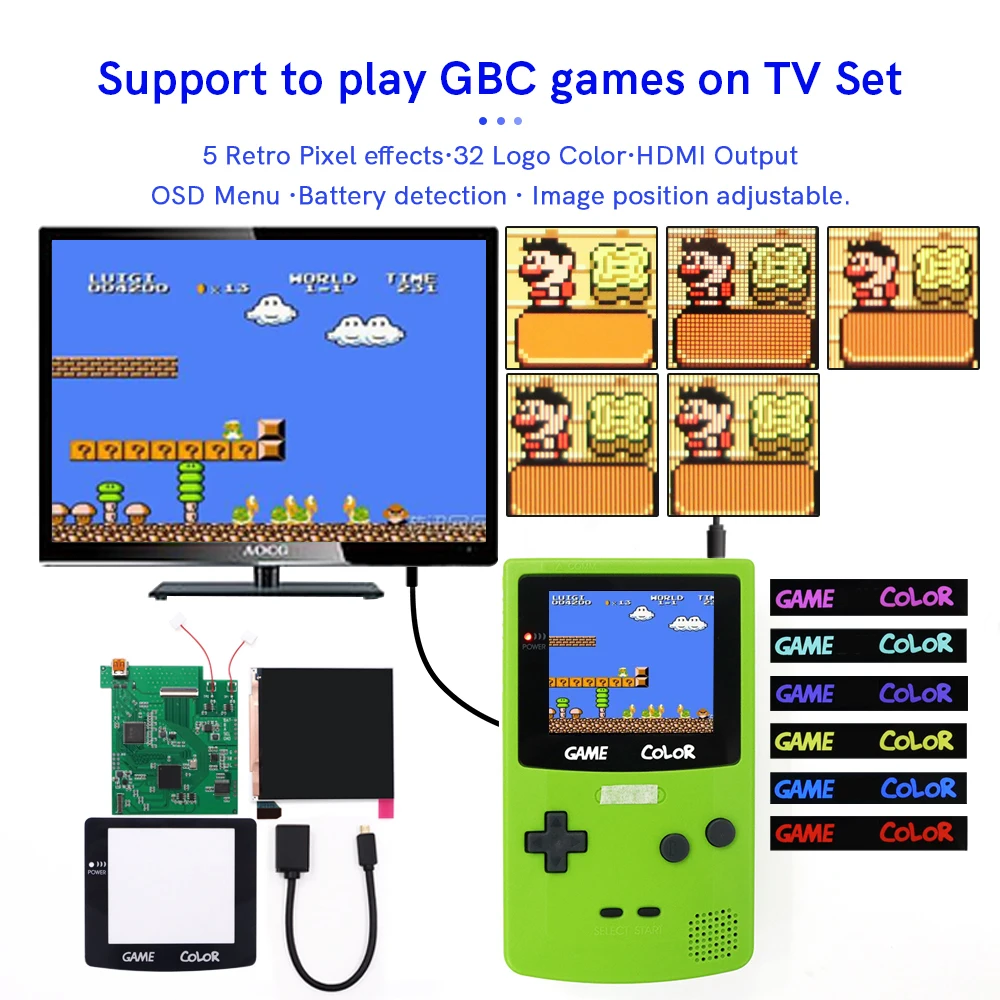 

DIY HD 720P HDMI-compatible TV RETRO PIXEL GBC Q5 IPS LCD Large SCREEN Backlight KIT For GameBoy Color w/Pre-cut Shell Case