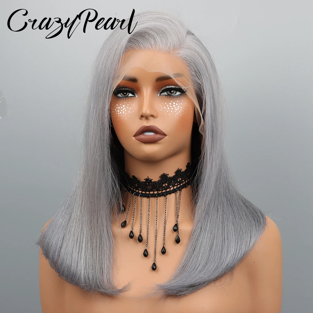 Фото Серый парик CrazyPearl из натуральных волос, прямой, с фронтальной шнуровкой 13x4, предварительно прорезанный, 10 дюймов, короткий парик из натуральных волос №2