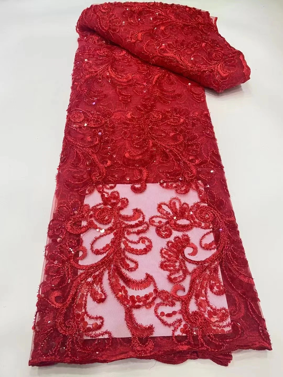 

Red African Lace Fabric High Quality Embroidery 2023 French Tulle Lace Nigerian Sequins Lace Fabric For Wedding Wholesale