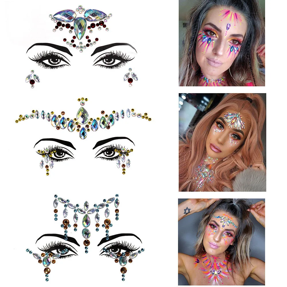 New 3D Pearl Crystal Sticker Music Festival Shiny Face Decoration Party Fashion Acrylic Drill Sticker Temporary Tattoo Stickers