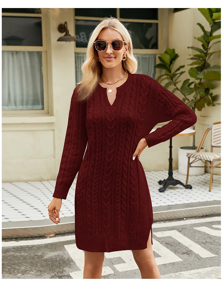 

Autumn/Winter elegant casual New Twisted Flower Mid length Knitted Dress Solid Split Loose Pullover Women's Woolen Dress 2023