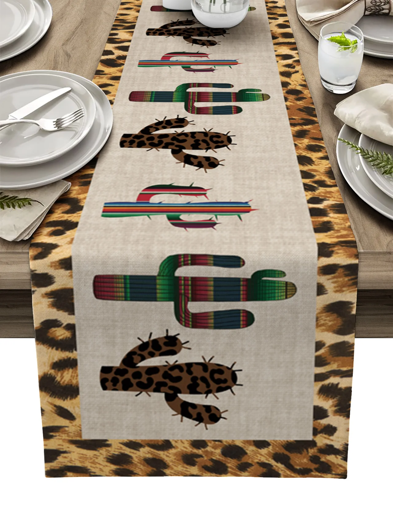 

Leopard Print Mexico Striped Cactus Table Runner Home Wedding Banquet Festival Party Hotel Table Decoration Table Cover