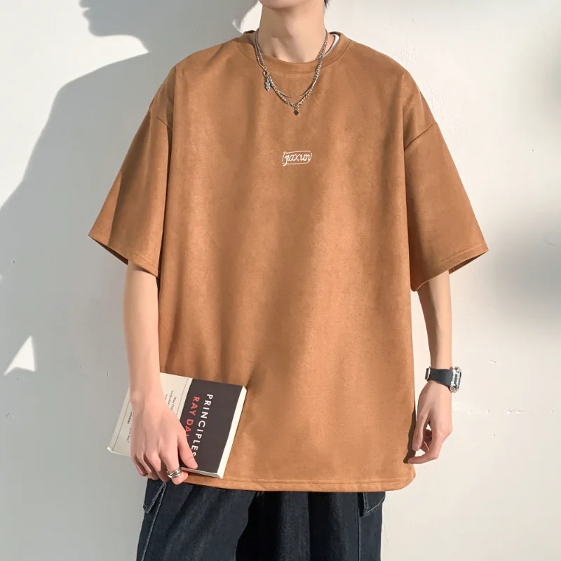 

Men Suede Short Sleeves Gothic Fashion Tee Shirt Oversized Round Neck Tops Basic Casual Loose T-shirt Summer New Tees