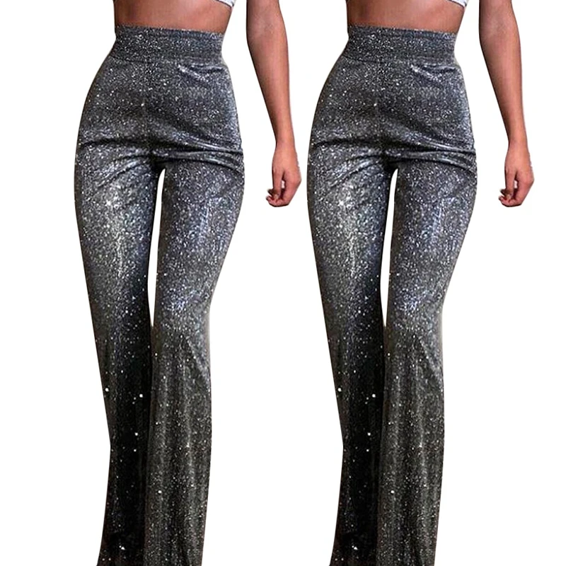 

2 Pcs Women's Silver Sequined High Waist Wide Leg Pants Ladies Winter Pants Sexy Casual Flare Pants Gray, S & L