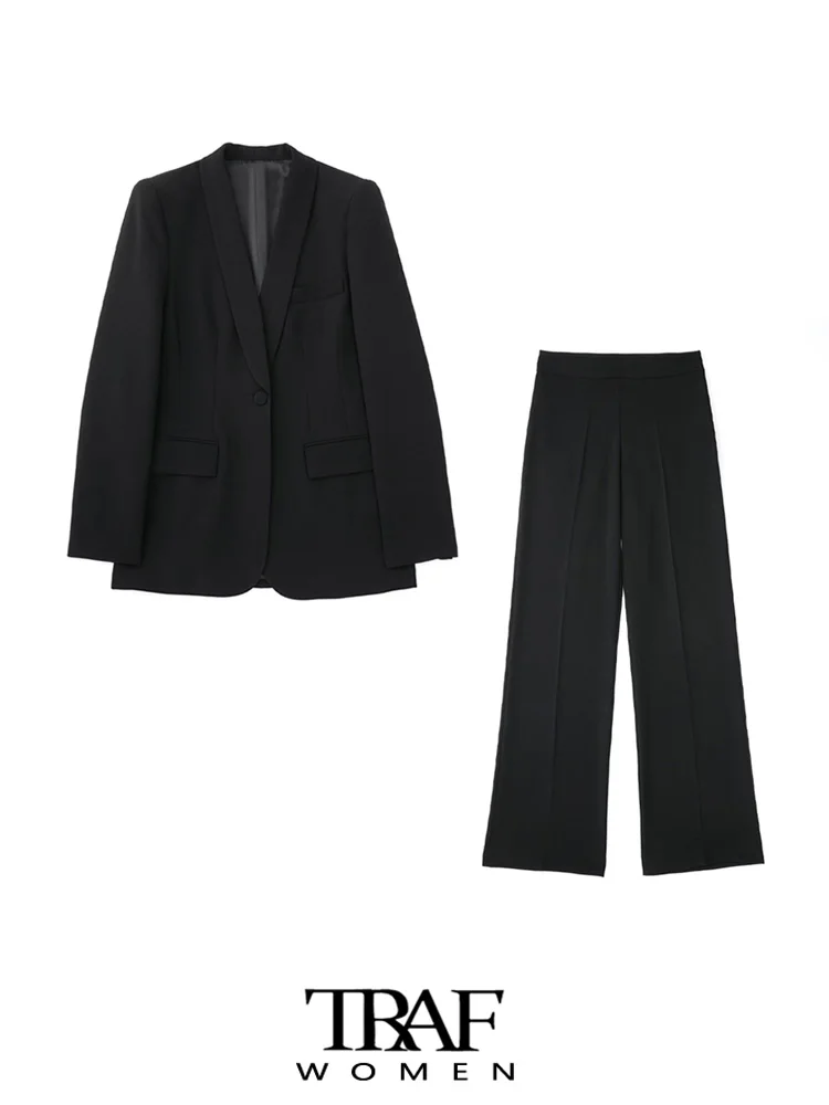 

TRAF Women Fashion Office Wear Front Button Blazer Coat And High Waist Side Zipper Pants Female Two Piece Sets Mujer