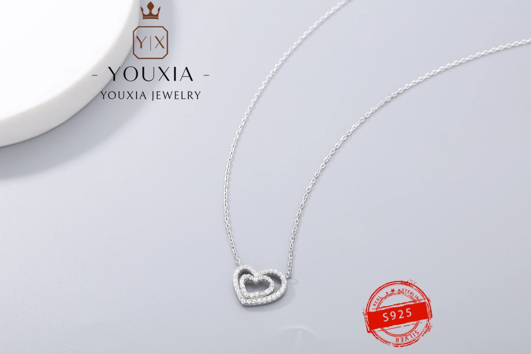 hot selling own brand diy925 silver senior double heart full diamond design party banquet fashion personality ladie high jewelry free global shipping