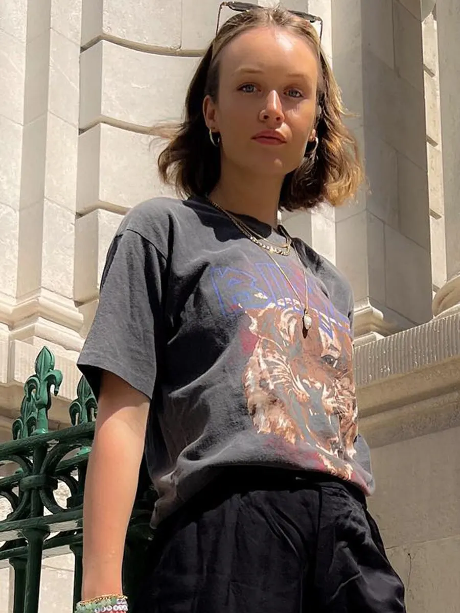

Tiger Print Pattern T-shirt Women Summer Round Neck Short Sleeve Fashion Casual Tees Top 2023 Vintage Rock N Roll T-shirts Femme