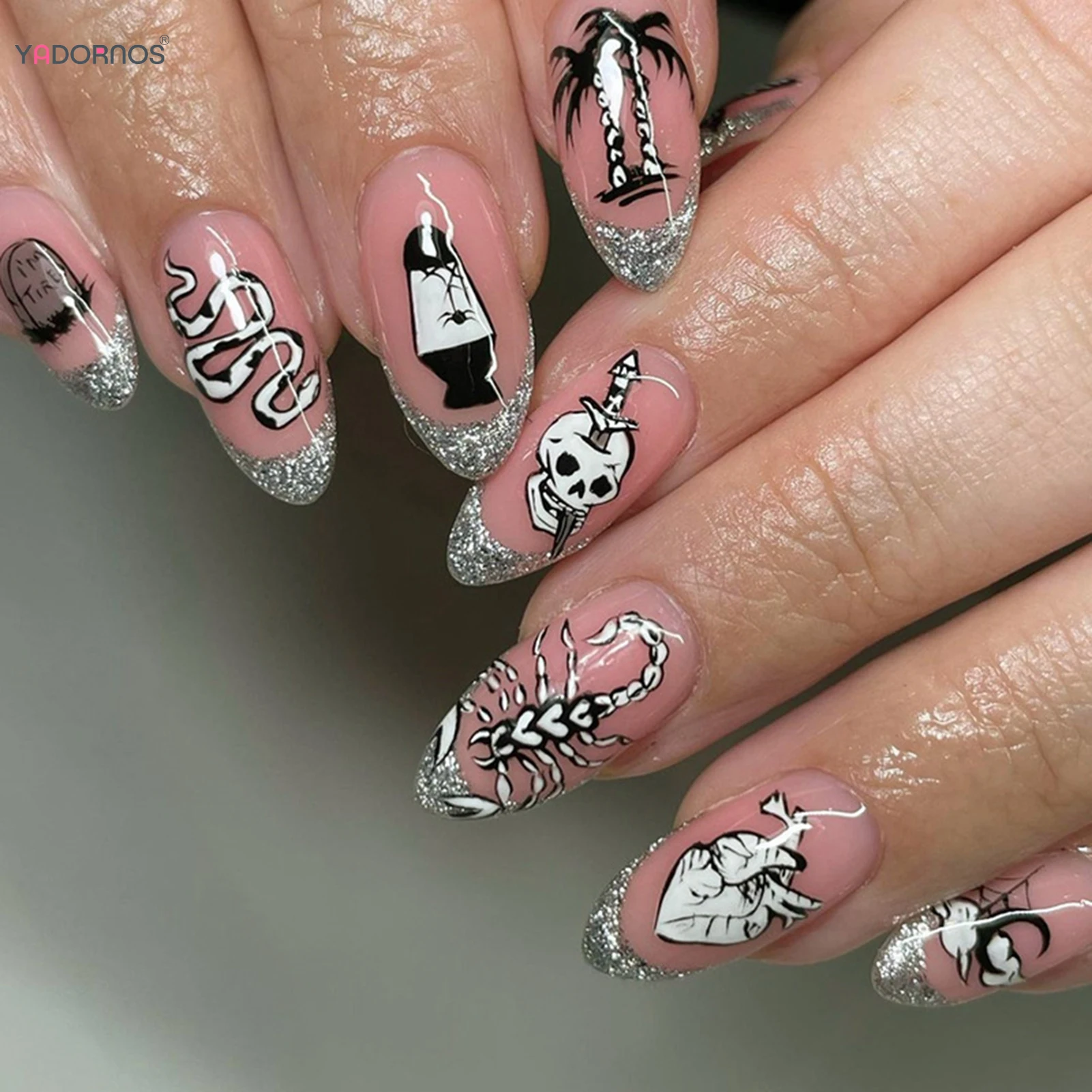 

24Pcs Halloween Press on Nails Almond False Nails Tips Skull Printed Silver Glitter Sequins French Fake Nails for Women Party