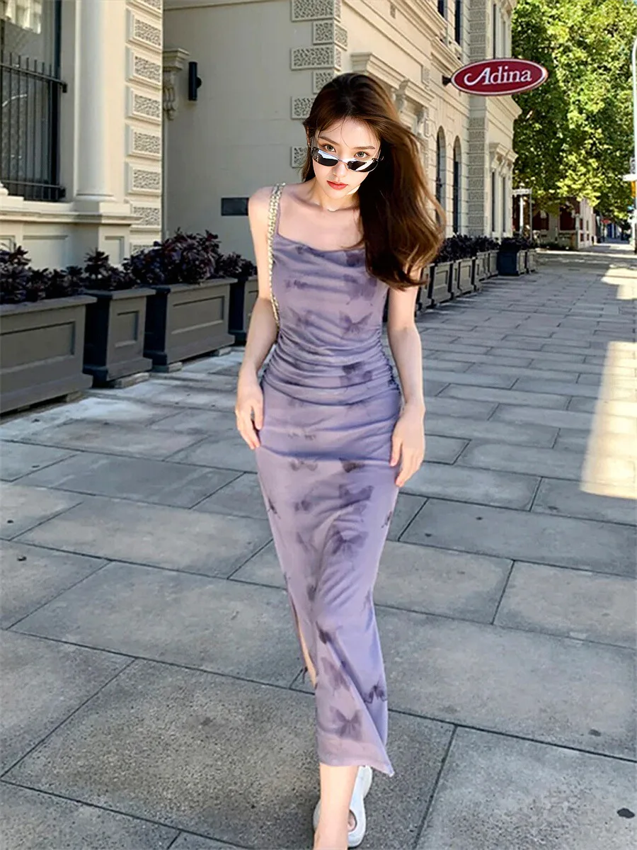 Фиолетовое платье на бретельках для всего тела осеннее новое короткое дизайн