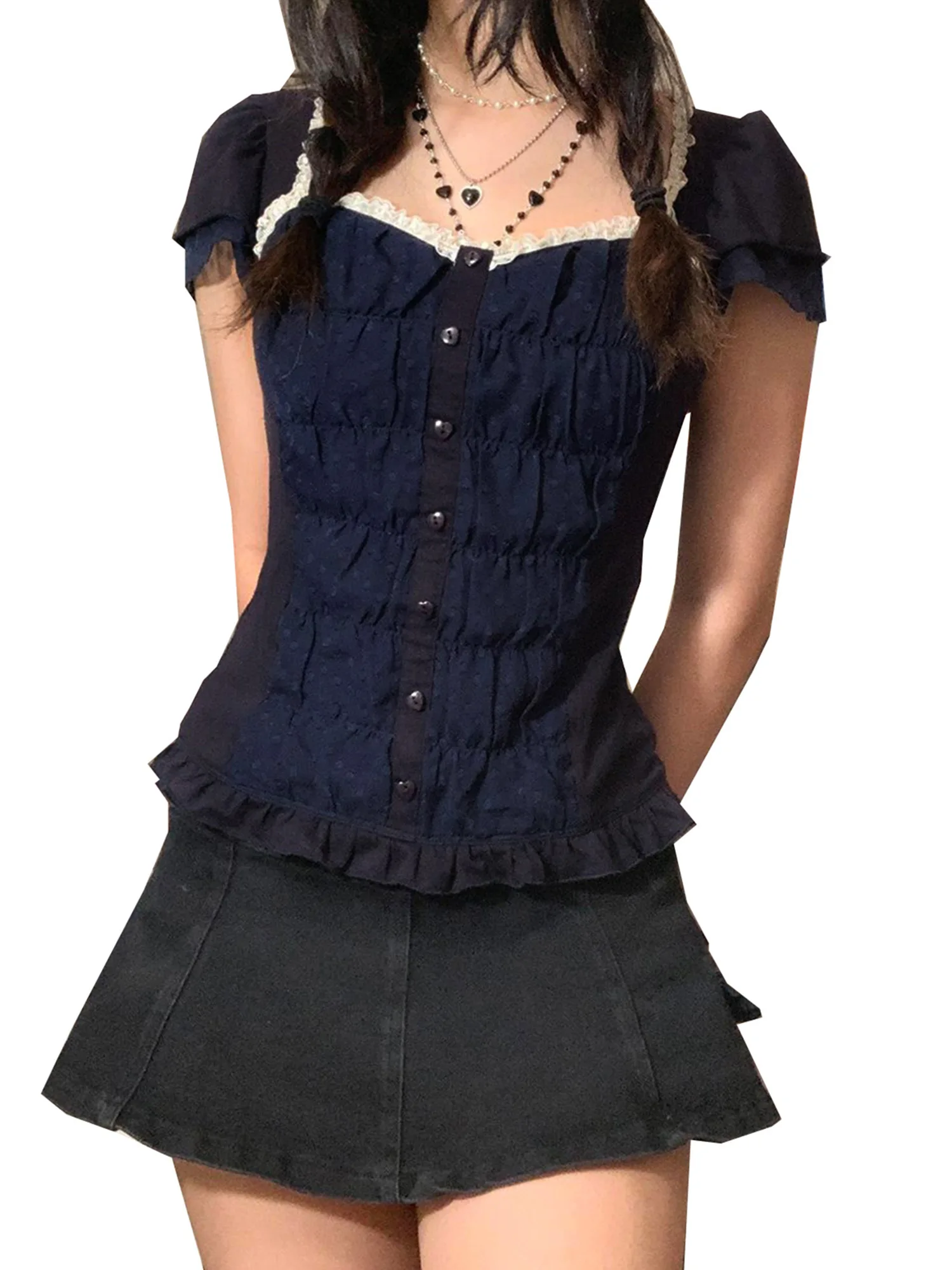 

Женская Кружевная футболка на пуговицах, летняя повседневная плиссированная футболка с рюшами и коротким рукавом, уличная одежда