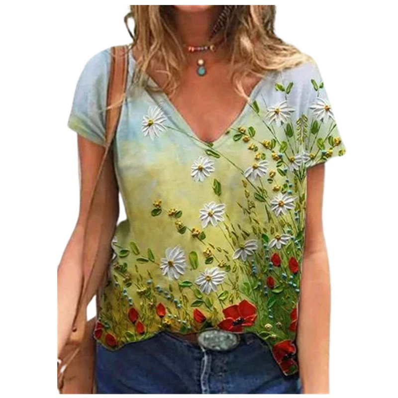 

Casual Women Summer New T-shirt Fashion Contrast Color Floral Print Ladies Loose Top for Girls Plus Size Short Sleeve Streetwear