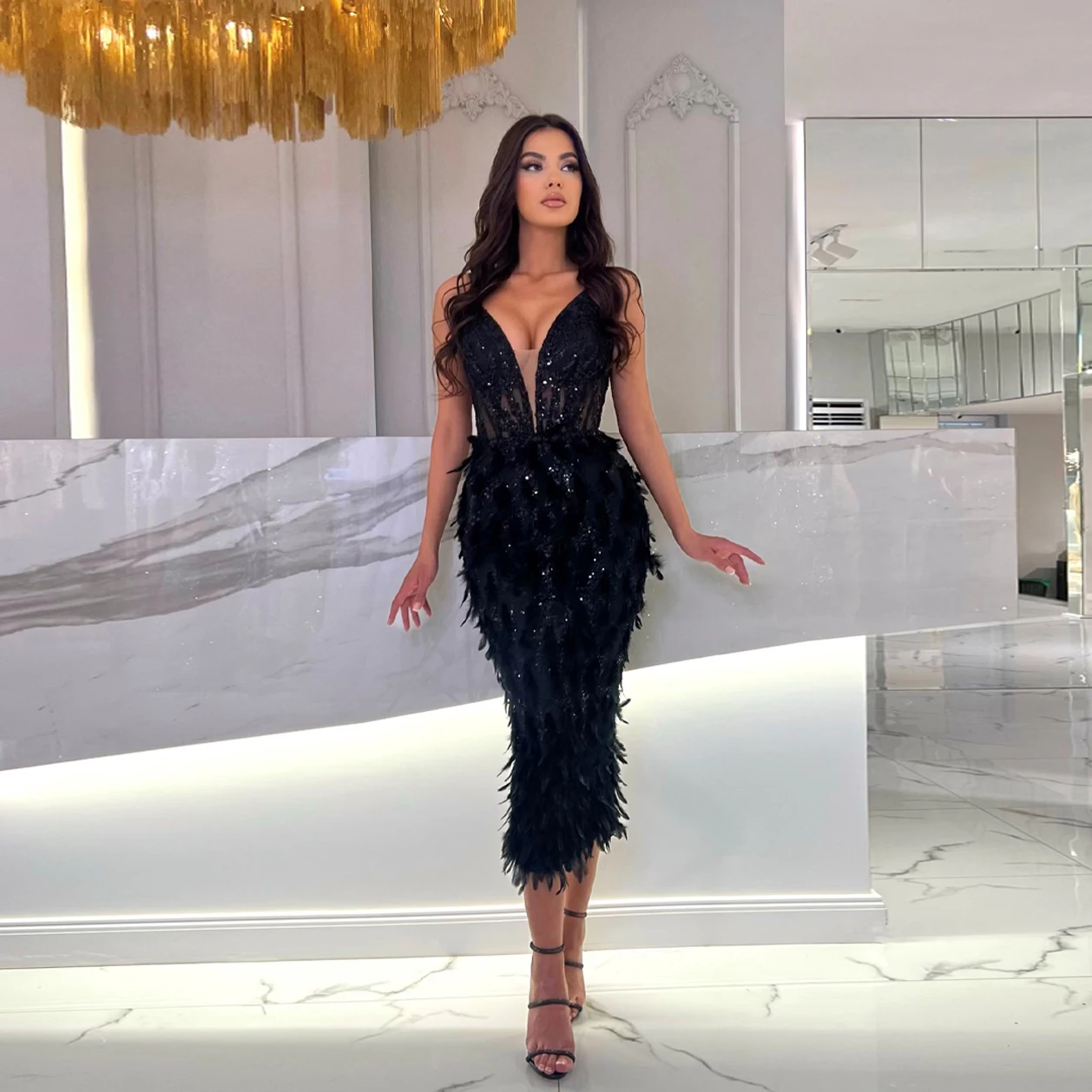 

Sexy Black Feather Tea Length Sheath Formal Party Dresses Sparkle Lace Beaded Prom Gowns Strapless Luxury Women Maxi Dress