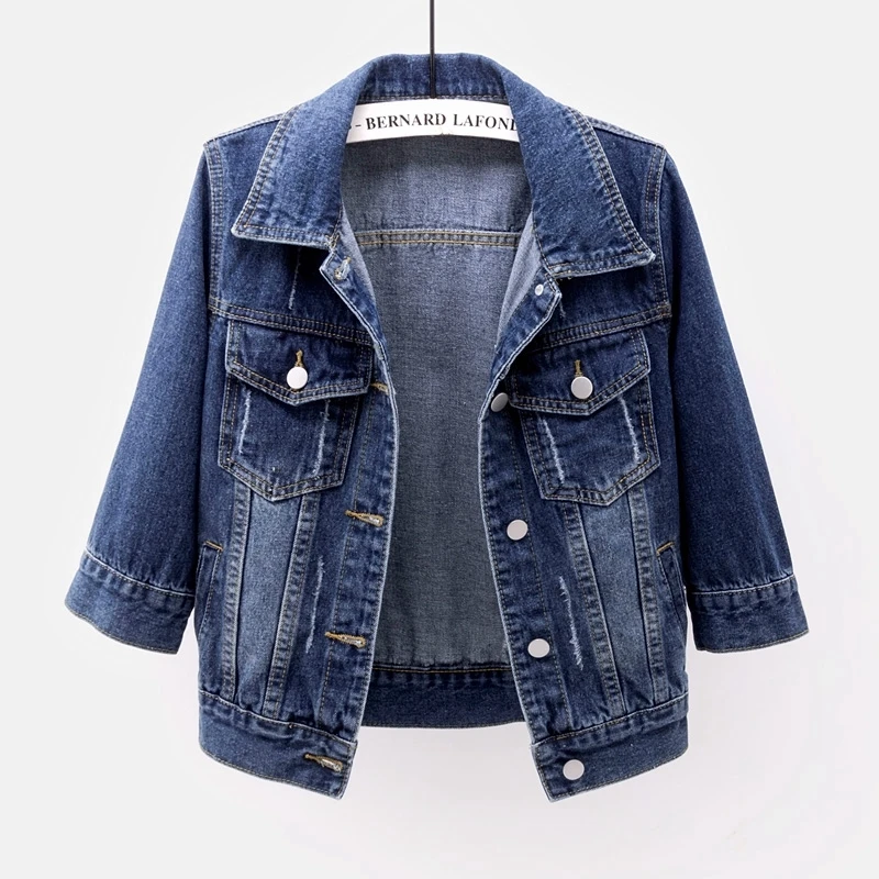 

Vintage Blue Frayed Pocket Three Quarter Sleeve Denim Jacket Women Casual Cowboy Outerwear Slim Short Jeans Jacket Coat Female