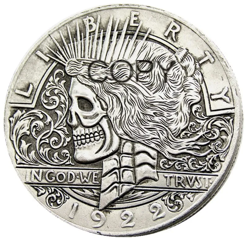 

HB(42)US Hobo 1922 Peace Dollar skull zombie skeleton hand carved Silver Plated Copy Coins