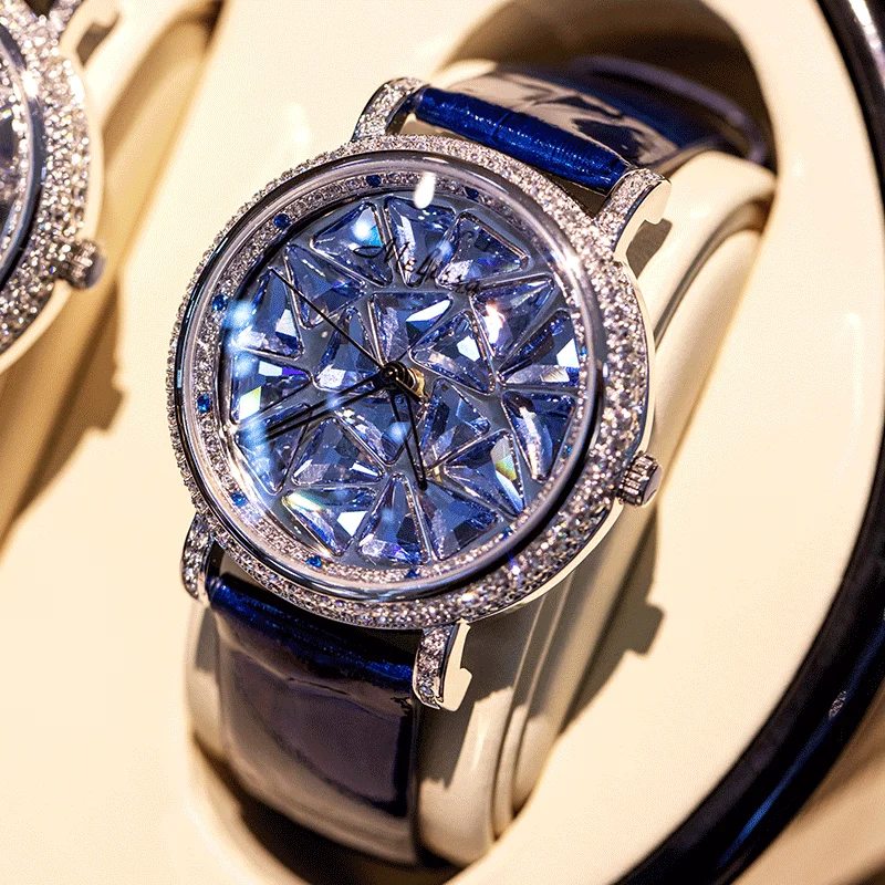 Luxury Rotating Crystal Melissa Lady Women's Watch Rhinestone Fashion Hours Leather Bracelet Clock Girl Birthday Gift Box