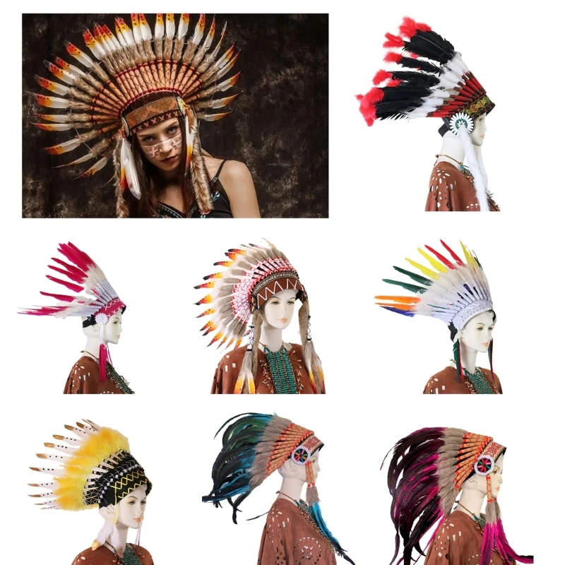 

Ethnic Style Headband with Feather Theatrical Performances Hair Hoop Women Man Masquerade Party Taking Photo Headband