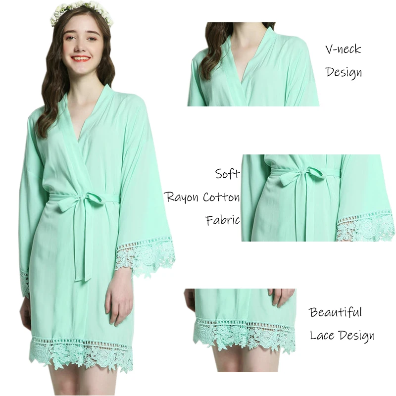 Wedding Bridal Robes Rayon Cotton Robes Mariage Bridesmaid Robe Wedding Sister Bride Lace Robes Women Bridal Mint Night Dress