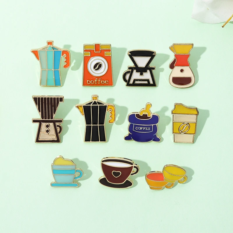 

Hand-grinded Coffee Lapel Badges Coffee Pot Mug Beans Enamael Pins Brooches Retro Vintage Cafe Pins Jewelry for Barista Friends