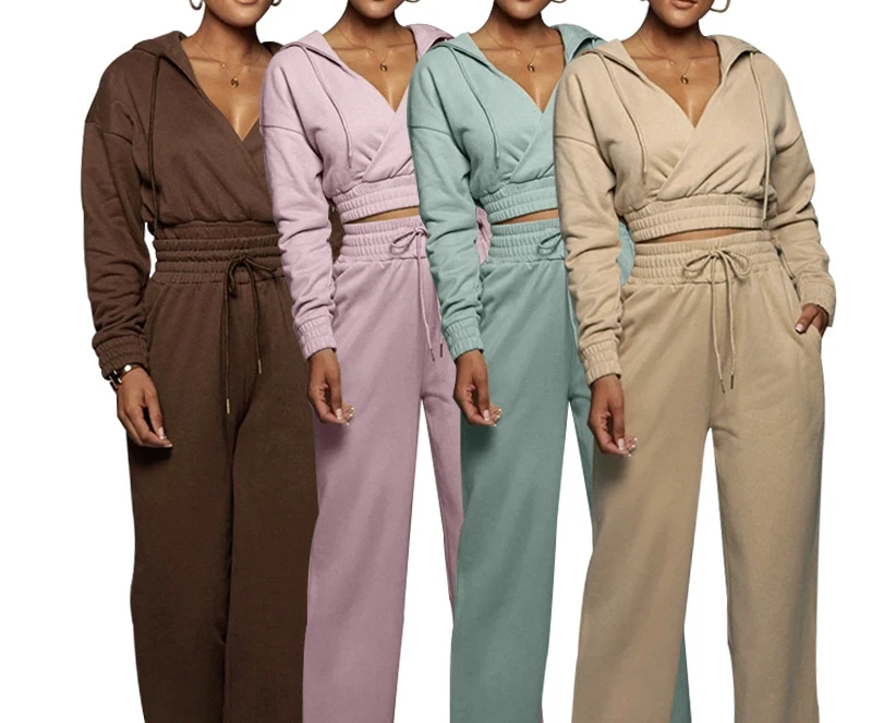 

Autumn and Winter Casual Solid Color Hooded V-trousers Women's Fashion Slim Long Sleeved Sweater Suit Female Top and Pants Set