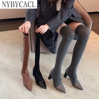 2022 winter fashion sock women over knee high boots square high heel slip on ladies stretch frabic long booties woman shoes new
