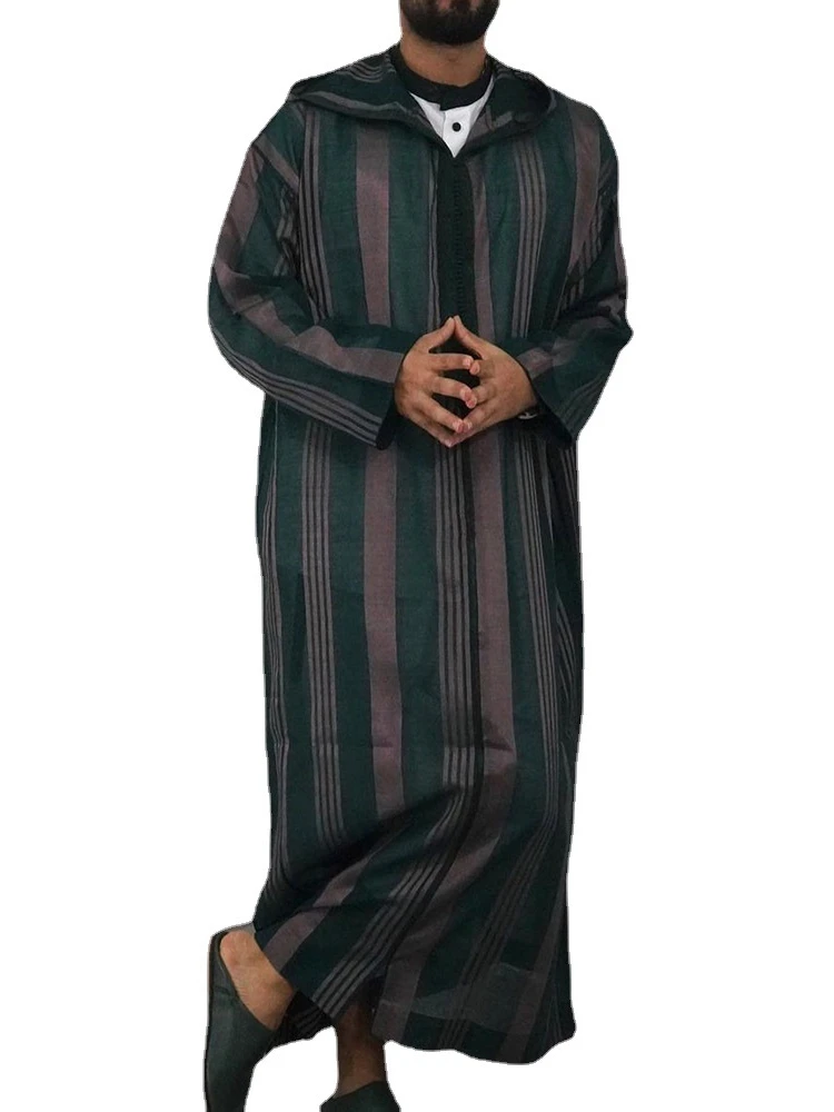 New Muslim Mens Robe Islam Abaya Arabic Striped Hoodie Ensembles Musulmans Colorblock Robe Homme Musulman Arabe Djellaba Homme