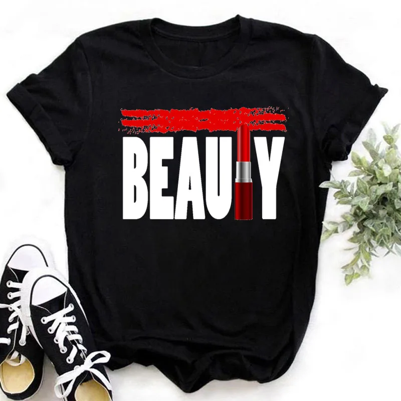 

Lipstick Beauty Letter Print Women T Shirt Short Sleeve O Neck Loose Women Tshirt Ladies Tee Shirt Tops Camisetas Mujer