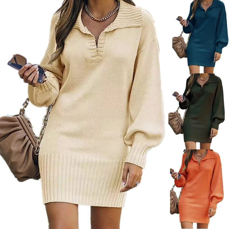 

Women's Sweaters Dress Medium Long Knitted Skirts Lapels Solid color Loose Females Dresses Pullover Elegant Causal Clothes