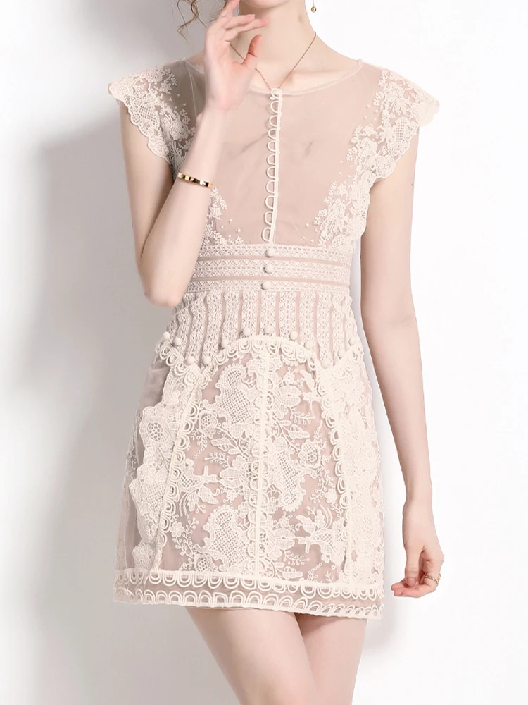 

Elegant Round Neck Lace Embroidered Flower Dress Slimming Down 2023 New Fashionable Women'S Clothing
