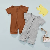 newborn kids baby clothing summer cotton solid color round neck jumpsuit short sleeve front zipper ribbed round collar romper