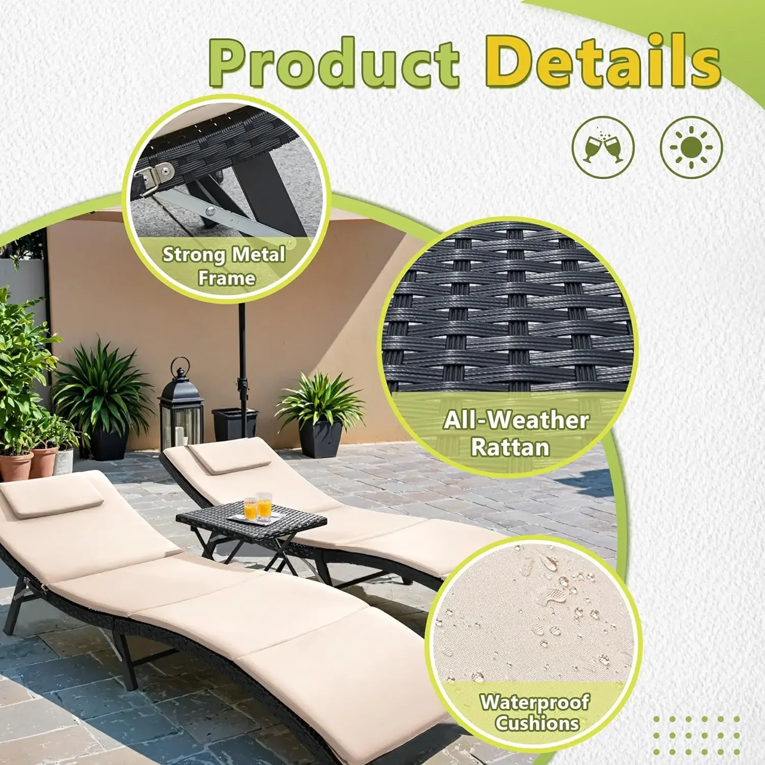 3 шт. шезлонг для патио с подушками нерегулируемый современный уличный набор