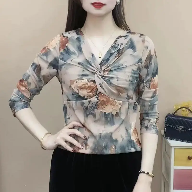 Женский модный топ со складками и V-образным вырезом топы с принтом Осенние