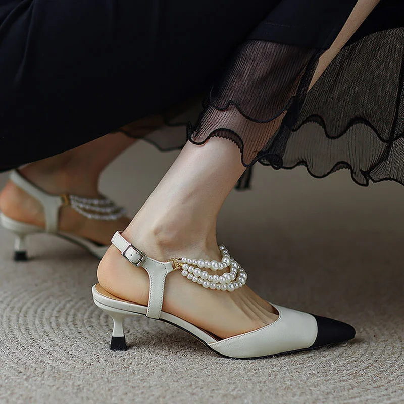 

LeShion Of Chanmeb Brand Designer Pearls Genuine Leather Women Shoes High Heels Mix-color Pointed Toe Party Wedding Shoes Ladies