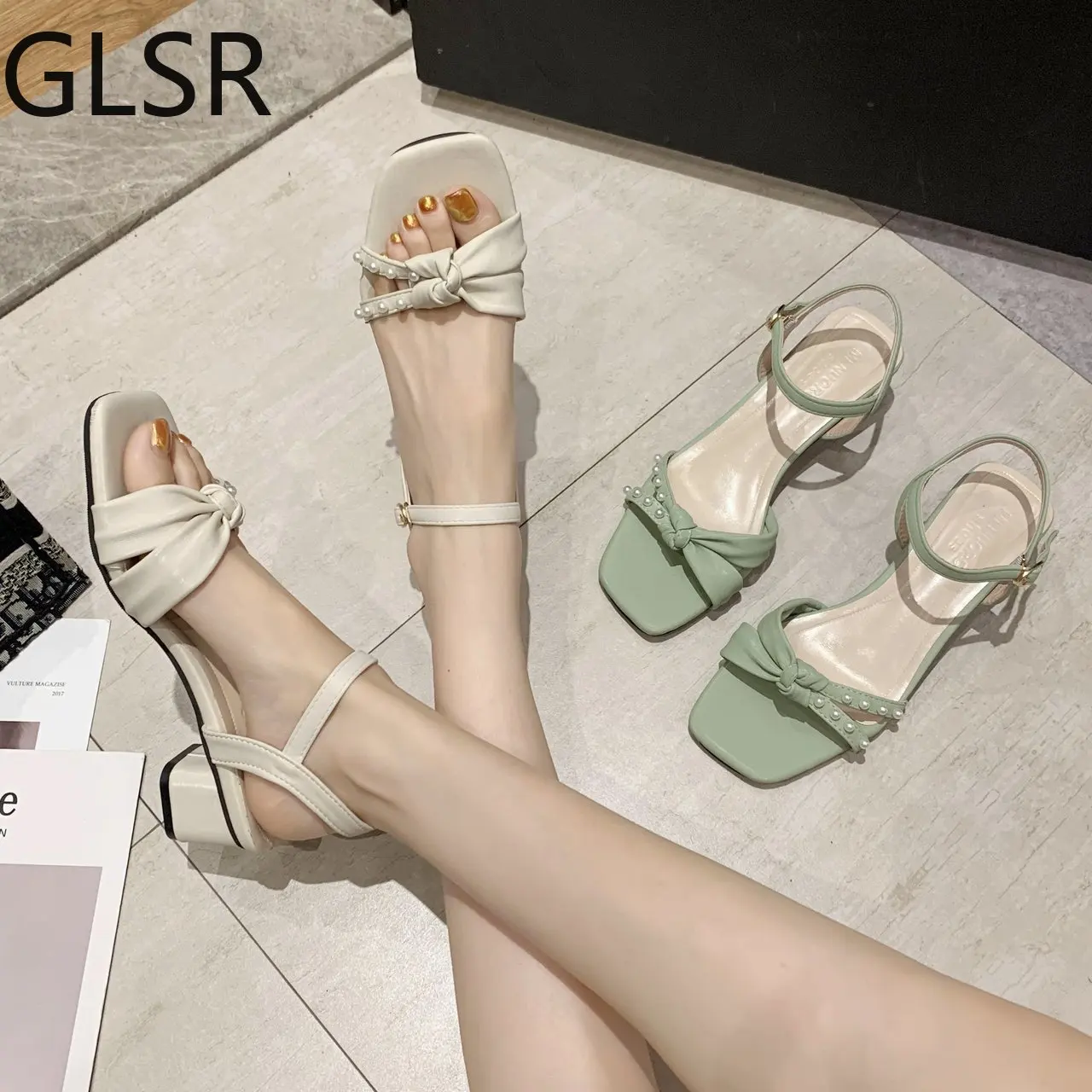 

2020 fashion 35-39 women sandals thick high heels square toe ladies casual shoes summer buckle pearl sandals