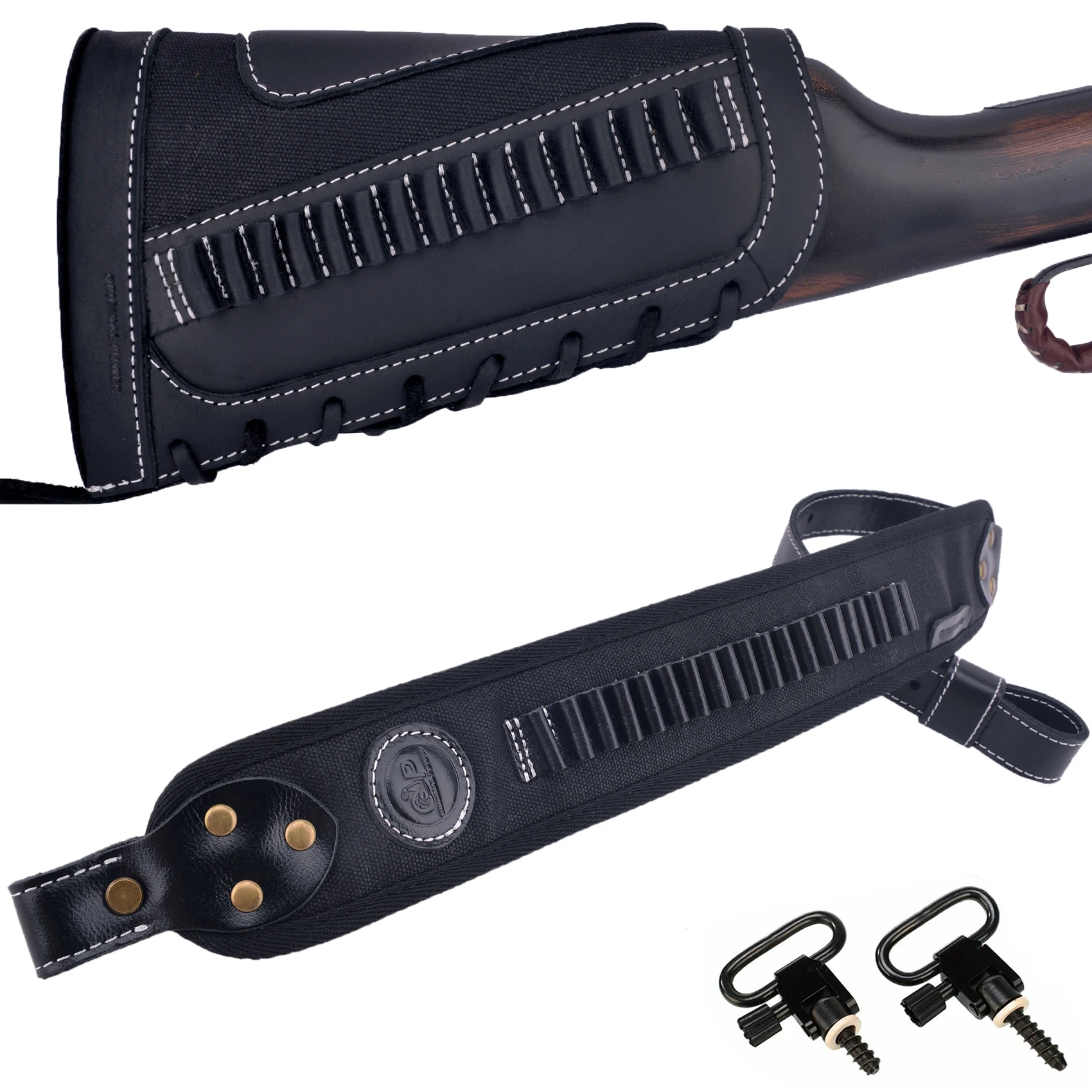 

1 Set Leather Canvas Rifle Buttstock Gun Shell Holder And Canvas Leather Gun Sling with Swivels For .22 LR.17HMR .22MAG