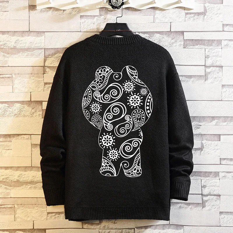 

Harajuku Stripe Knitted Jumpers Cartoon pattern print Sweaters Streetwear Hip Hop Pullover Knitwear Mens New Fashion Sweater