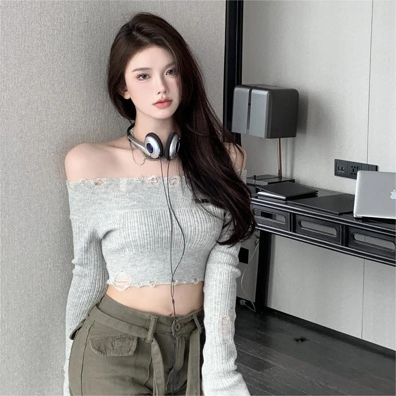 

Базовый свитер с вырезами, женские повседневные укороченные топы с длинным рукавом, вязаная пикантная уличная одежда в стиле панк, одежда д...