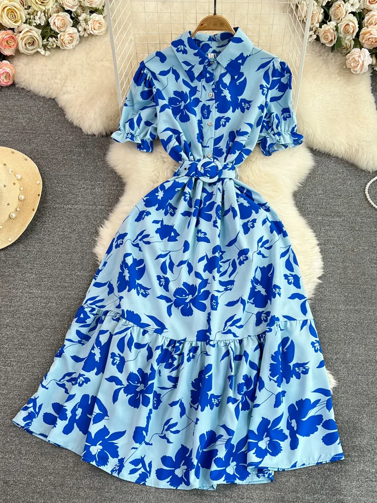 

Summer Vintage Women Printed Long Dress Elegant Turn-Down Collar Single Breasted Short Sleeve High Waist A-Line Maxi Vestido New