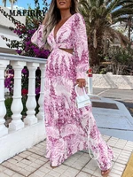 new spring autumn women printing sexy maxi party dress deep v neck long sleeve ladies dress hollow out streetwear dropshipping