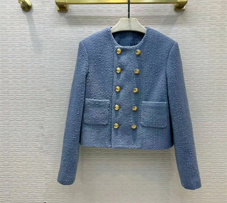 

Женская одежда в европейском и американском стиле, новинка весны 2022, двубортная модная твидовая синяя куртка с длинным рукавом и круглым вы...