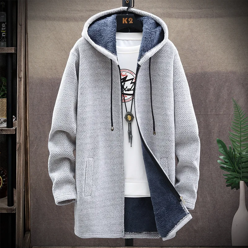 

Men Sweater Fleece Cardigan Winter Spring Jacket Slim Long Hooded Thick Warm Coat Casual Tops Clothing Fashion Temperament 2022