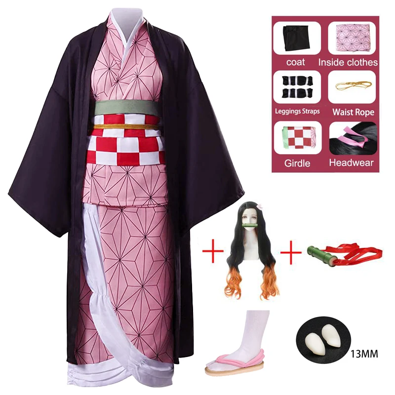 

Anime Demon Slayer Kamado Nezuko Costume Cosplay Adult Kids Uniform Clothes Wig Tooth Shoes for Halloween Carnival Party