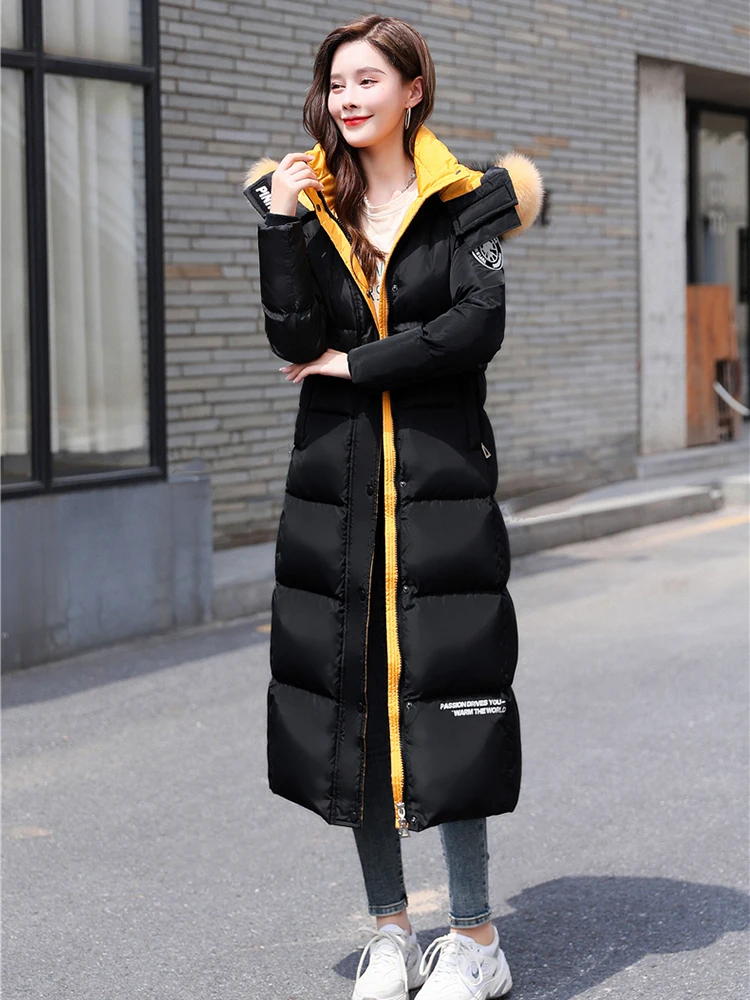 New Women Long Down Coat Winter Casual Fashion Two-Colour Detachable Real Fox Fur Collar Thicken Warm Belt Slim Down Jacket
