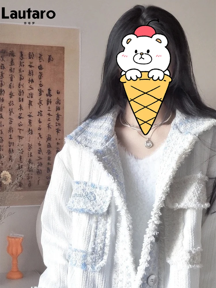 

Lautaro Spring Autumn Short Oversized White Patchwork Tweed Jacket Women Drop Shoulder Long Sleeve Luxury Designer Clothes 2022
