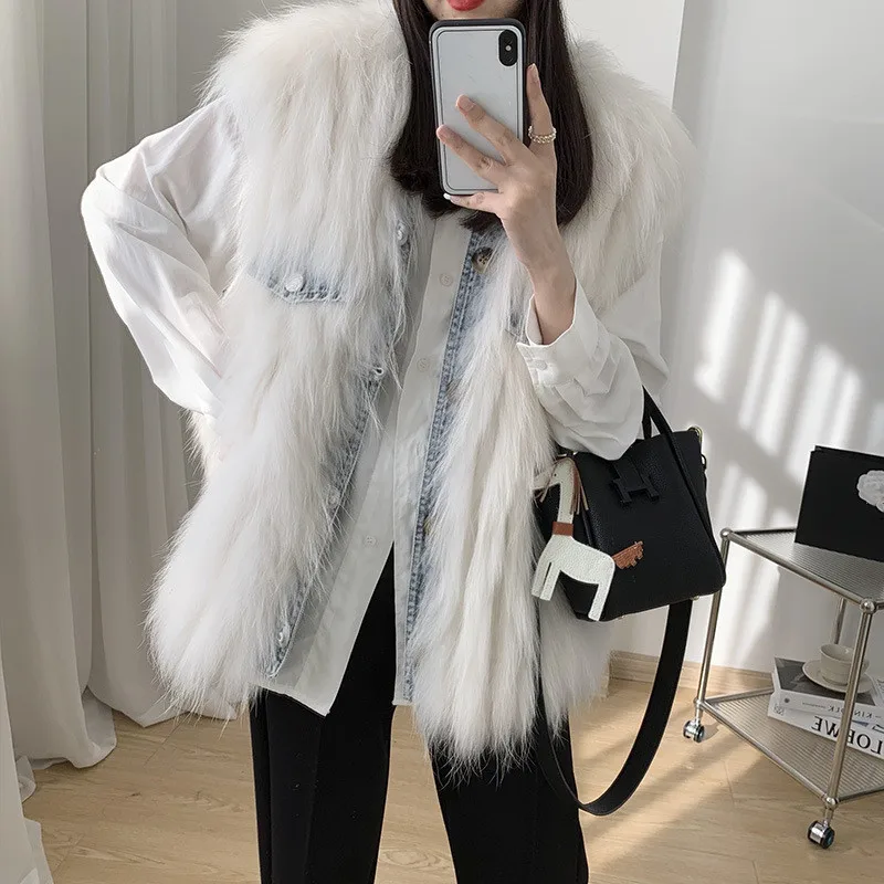 2023 New Fashion Real Raccoon Fur Waistcoats Women Knitted Natural Fur Cowboy Vests Thick Warm Sleeveless Coats Jackets