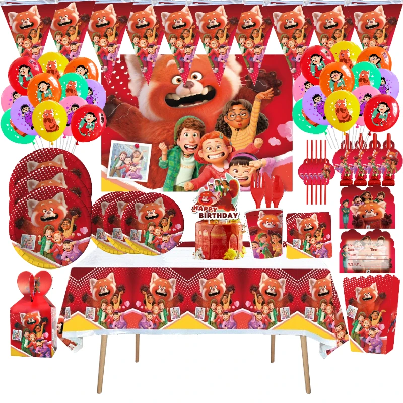 

Disney Turning Red Party Supplies Cartoon Anime Panda Meilin Ming Mei Lee Tablecloth Birthday Balloon Disposable Tableware