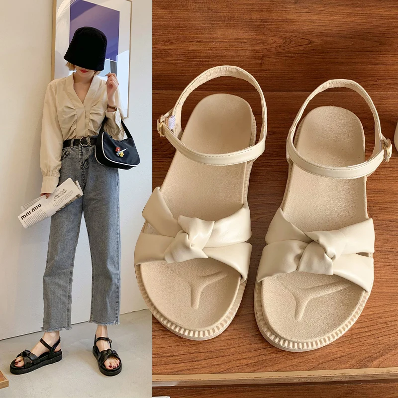 

Women Bow Sandals 2022 Summer New Fashion Casual Buckle Solid Strap Medium Non-Slip Straight Buckle Sandals for Women