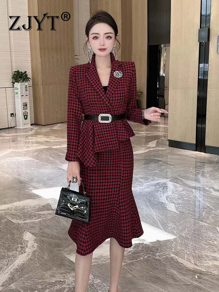 

ZJYT Houndstooth Tweed Woolen Jacket Trumpet Skirt Suit 2023 Autumn Dress Sets 2 Piece for Women Outfit Vintage Party Conjuntos