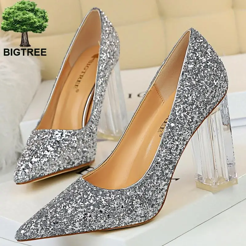 Туфли Bigtree женские на прозрачном каблуке свадебные туфли-лодочки с блестками