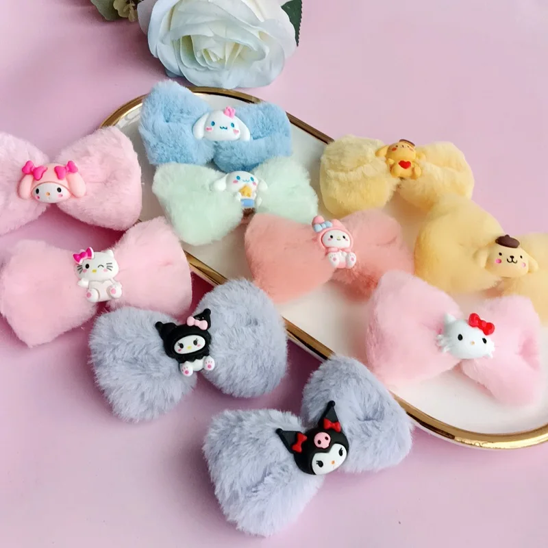 

New Kuromi Pompom Purin Plush Hairpin Kawaii Sanrio Autumn and Winter Cute Wrap Cloth Clip Headwear Cartoon Side Clip