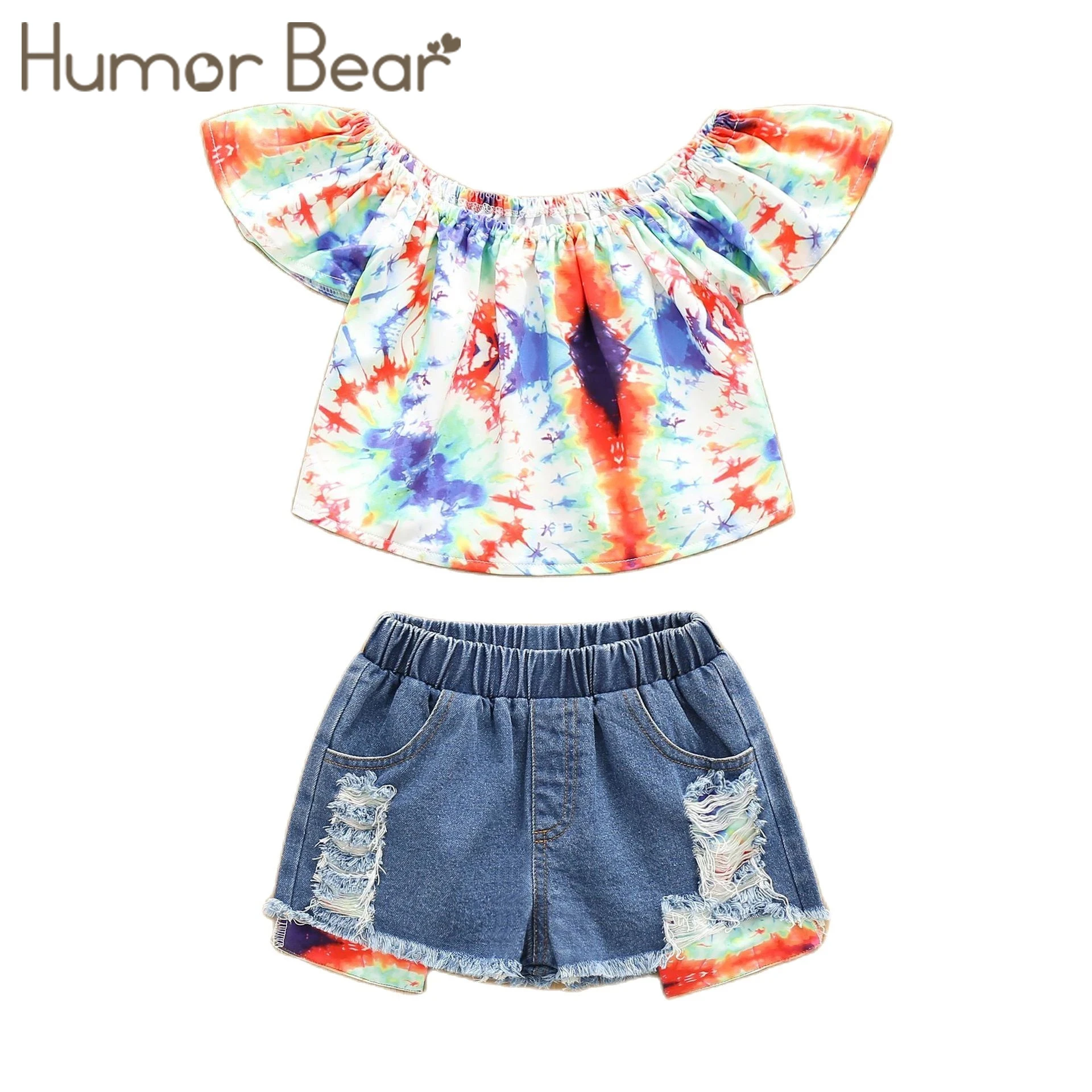 

Humor Bear 2022 Summer Toddler Girls Clothes Sets Short Sleeve Tie Dye Print T-shirts Tops+Denim Shorts 2Pcs Outfits 2-6Y